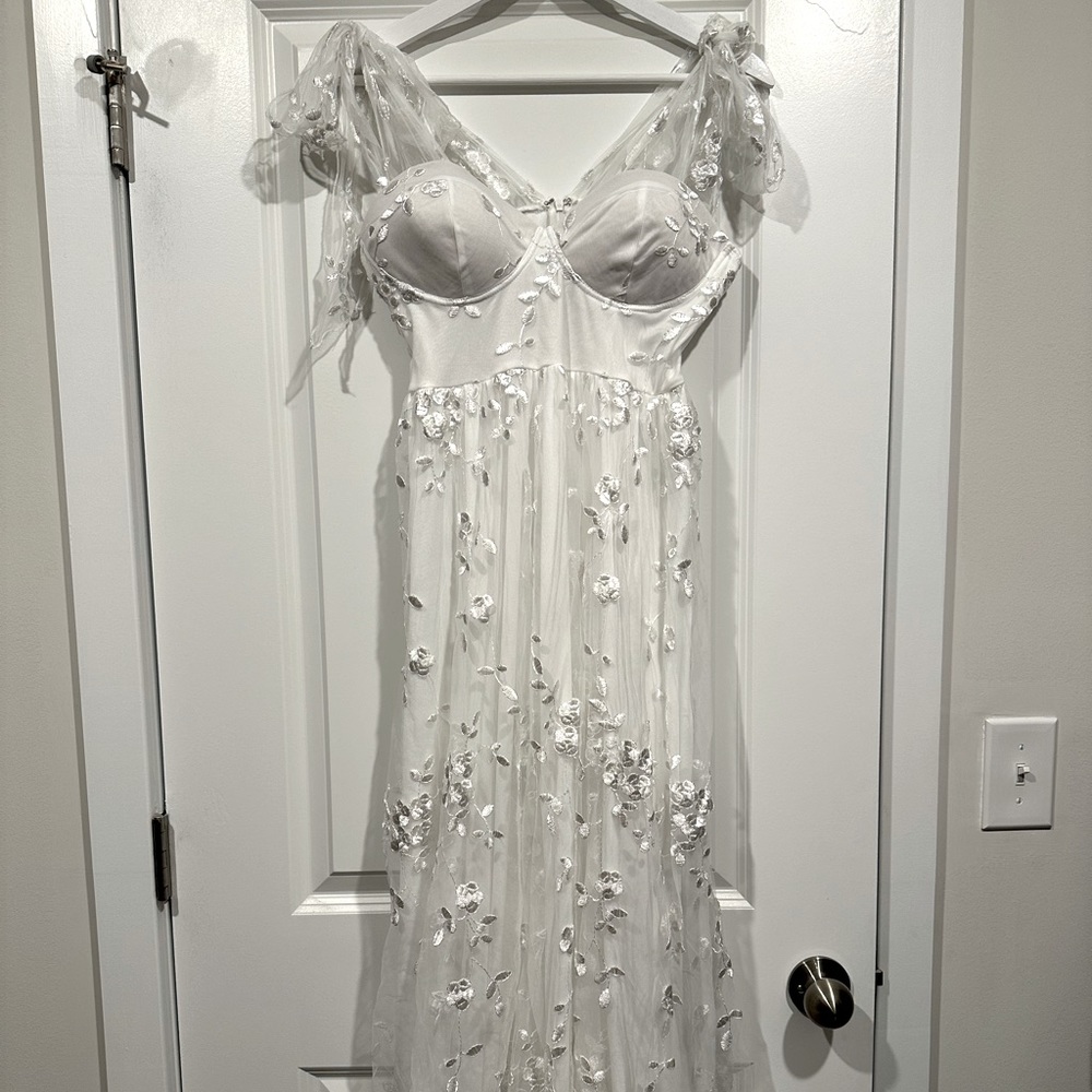 SHEIN white lace appliqué floral dress with bow straps